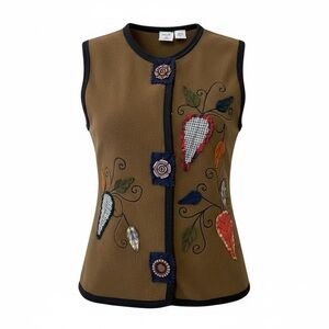 Onque Cabincore Brown Embroidered Vest Fall Leaves Applique Fleece Women’s Small